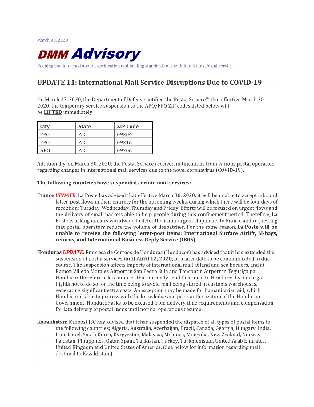 DMM Advisory Keeping You Informed About Classification and Mailing Standards of the United States Postal Service