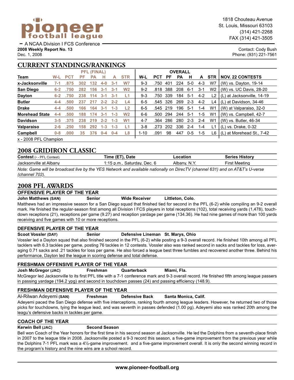 Current Standings/Rankings 2008 Gridiron Classic 2008 Pfl Awards