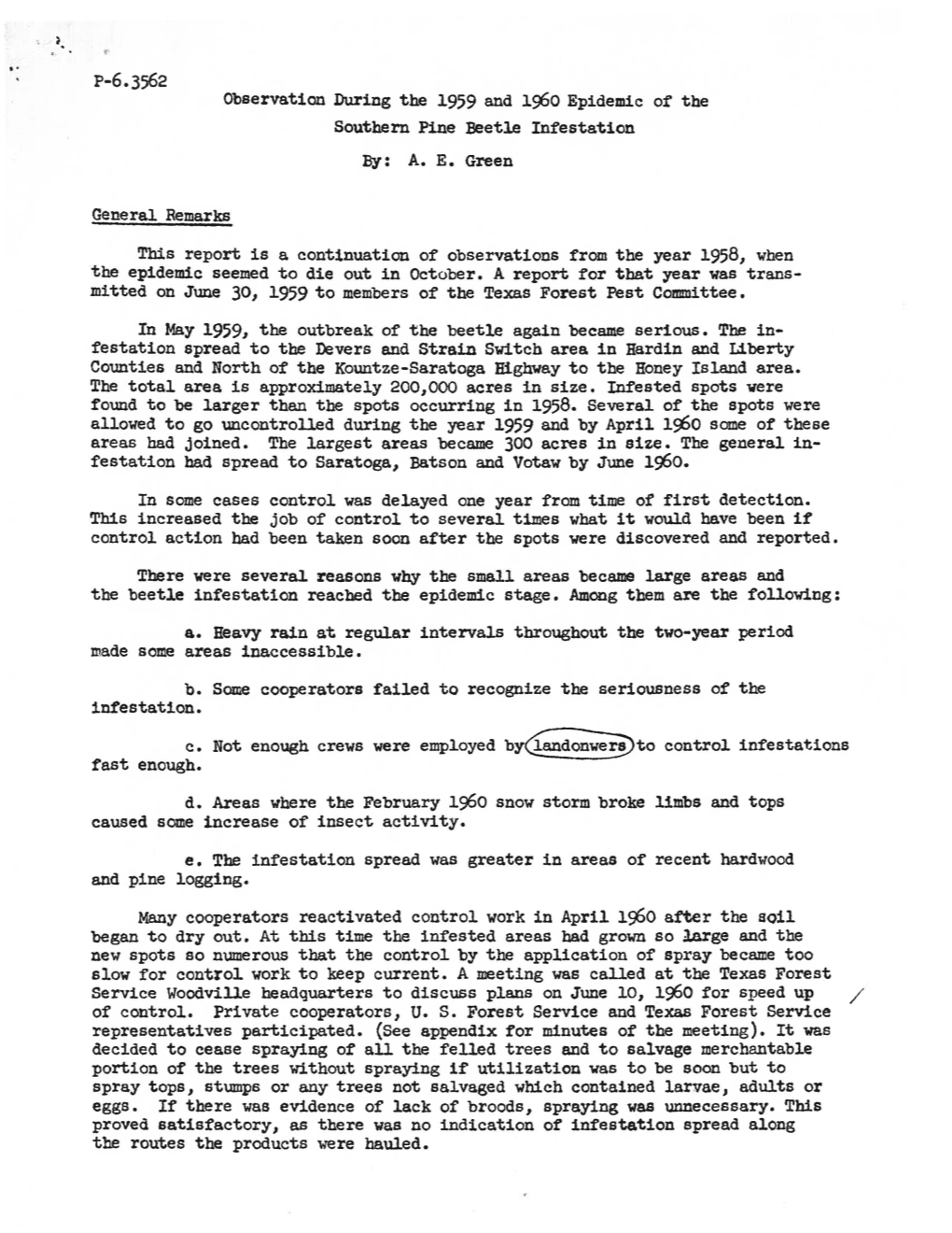 P-6.3562 Observation During the 1959 and 1960 Epidemic of the Southern Pine Beetle Infestation