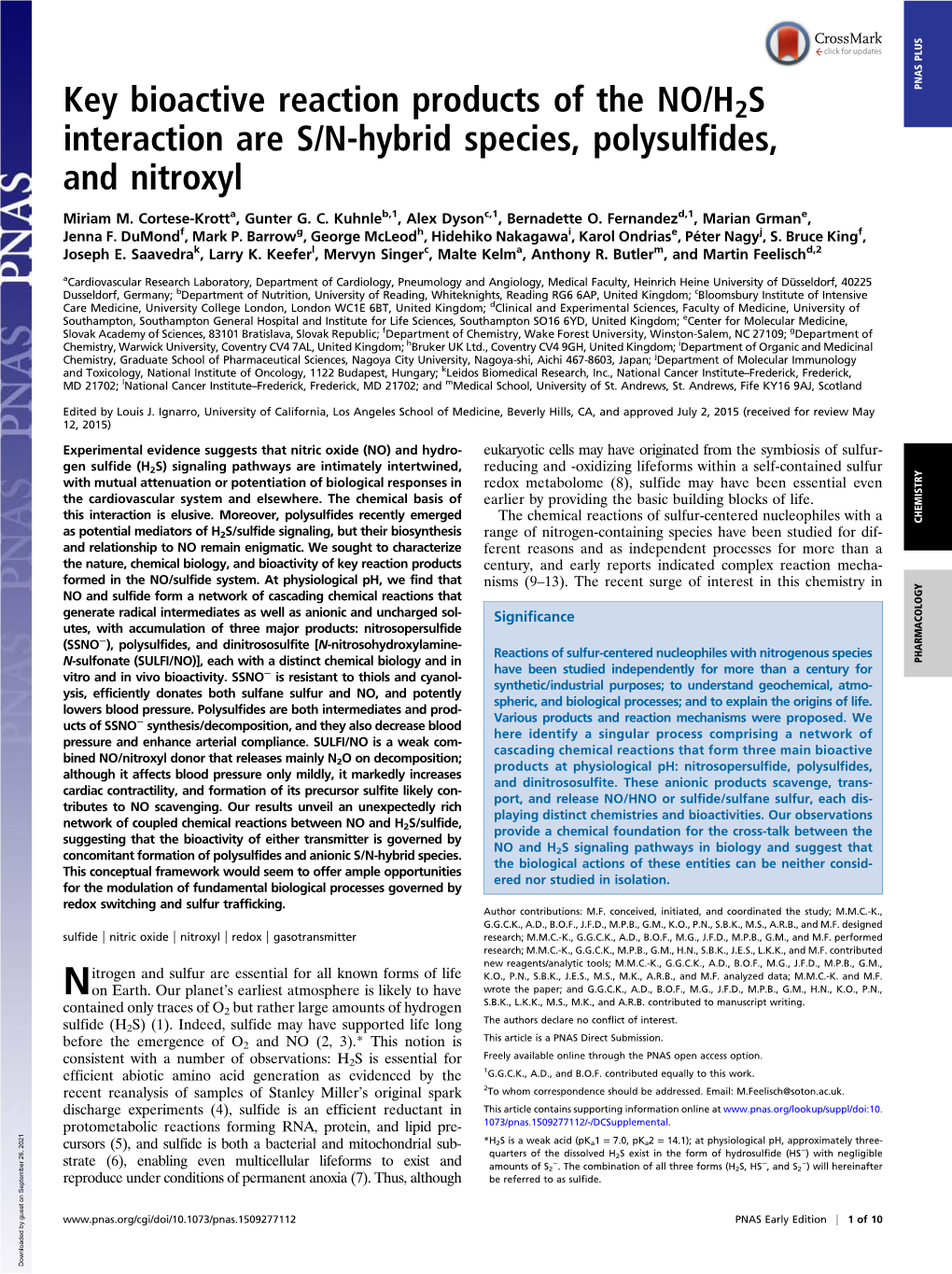 Key Bioactive Reaction Products of the NO/H2S Interaction Are S/N-Hybrid Species, Polysulfides, and Nitroxyl