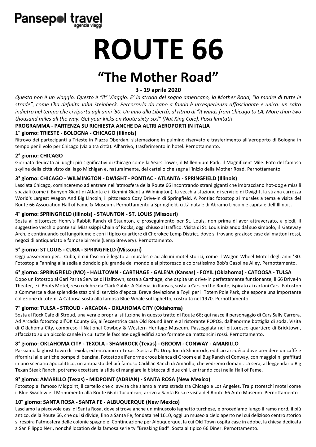 ROUTE 66 “The Mother Road” 3 - 19 Aprile 2020 Questo Non È Un Viaggio