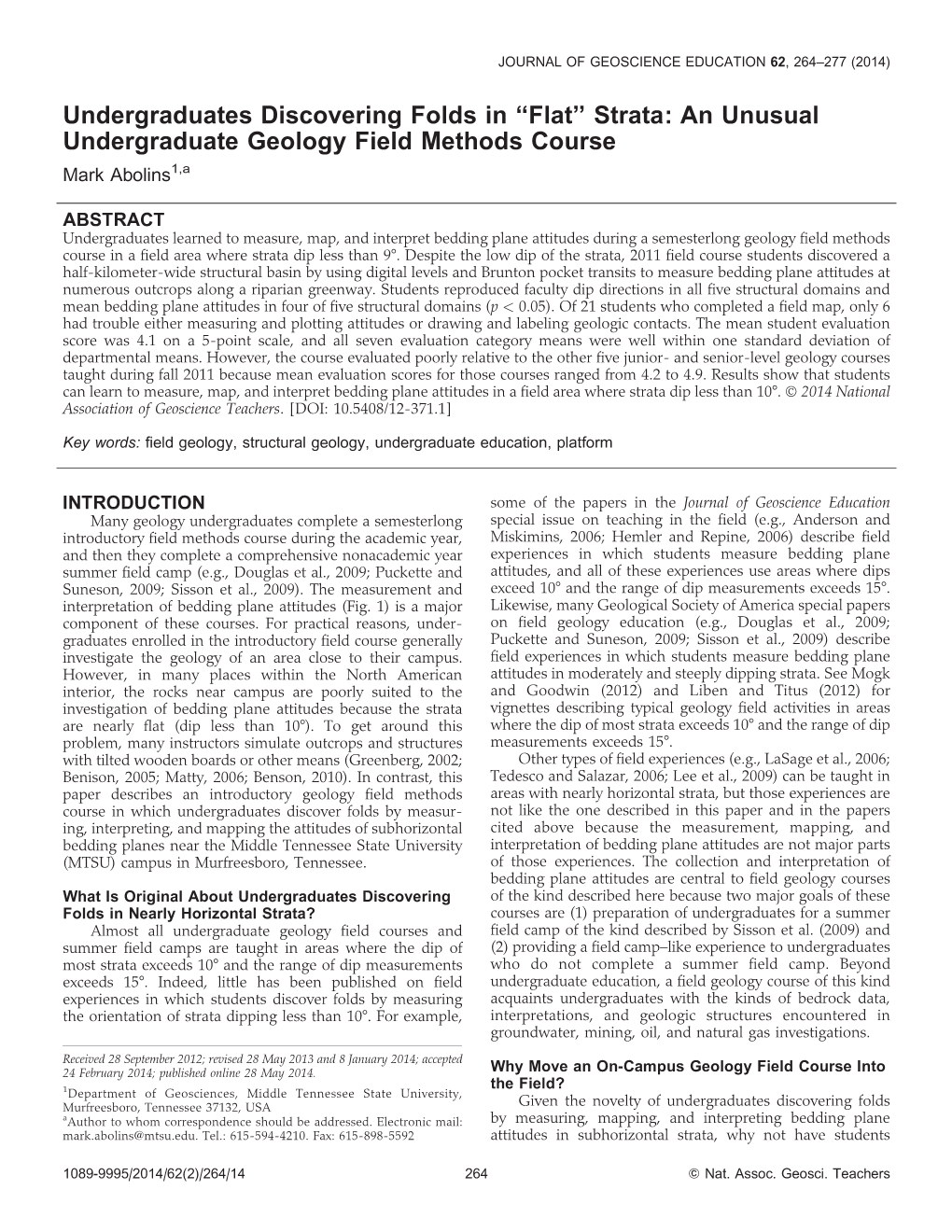 Flat'' Strata: an Unusual Undergraduate Geology