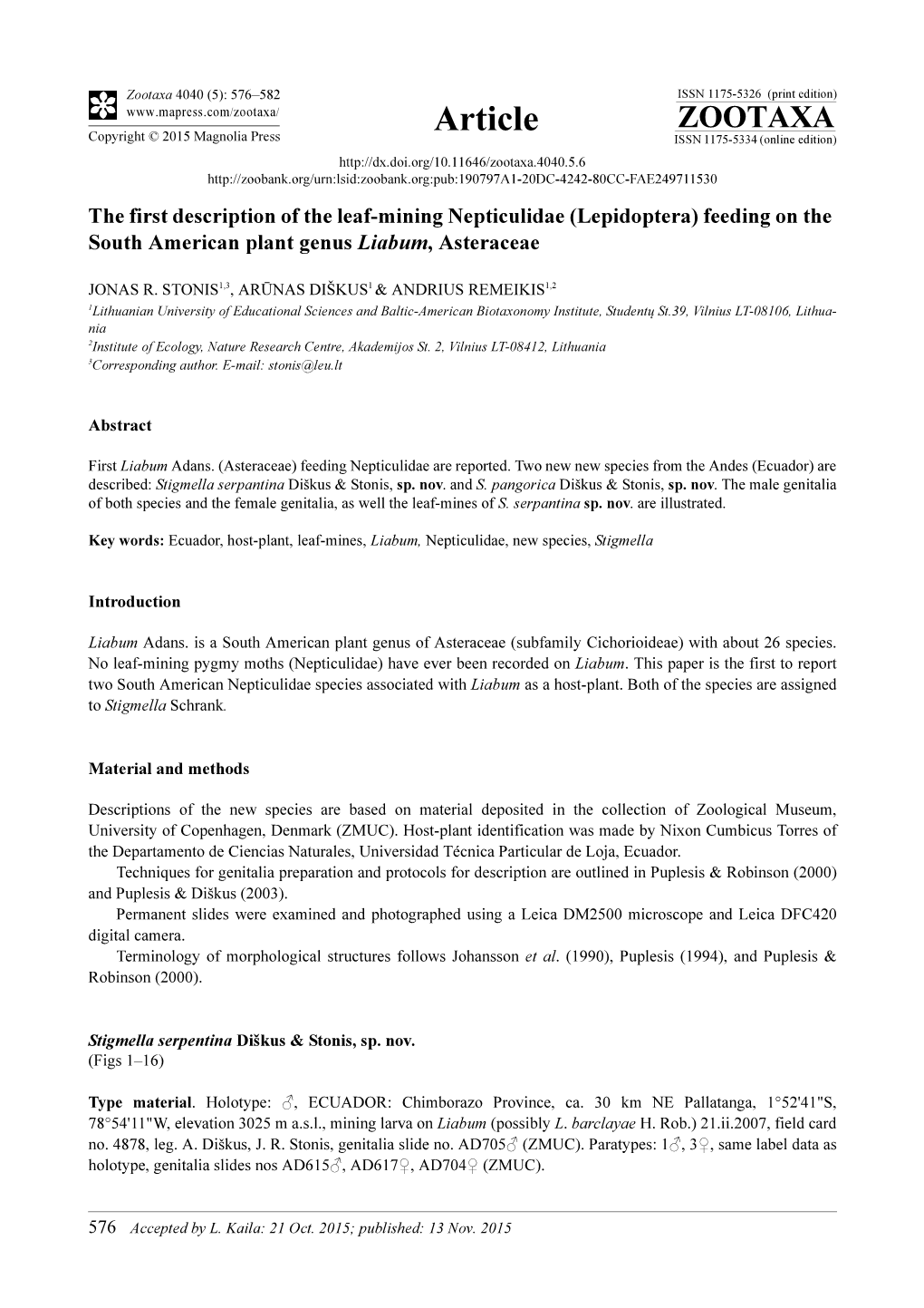 The First Description of the Leaf-Mining Nepticulidae (Lepidoptera) Feeding on the South American Plant Genus Liabum, Asteraceae