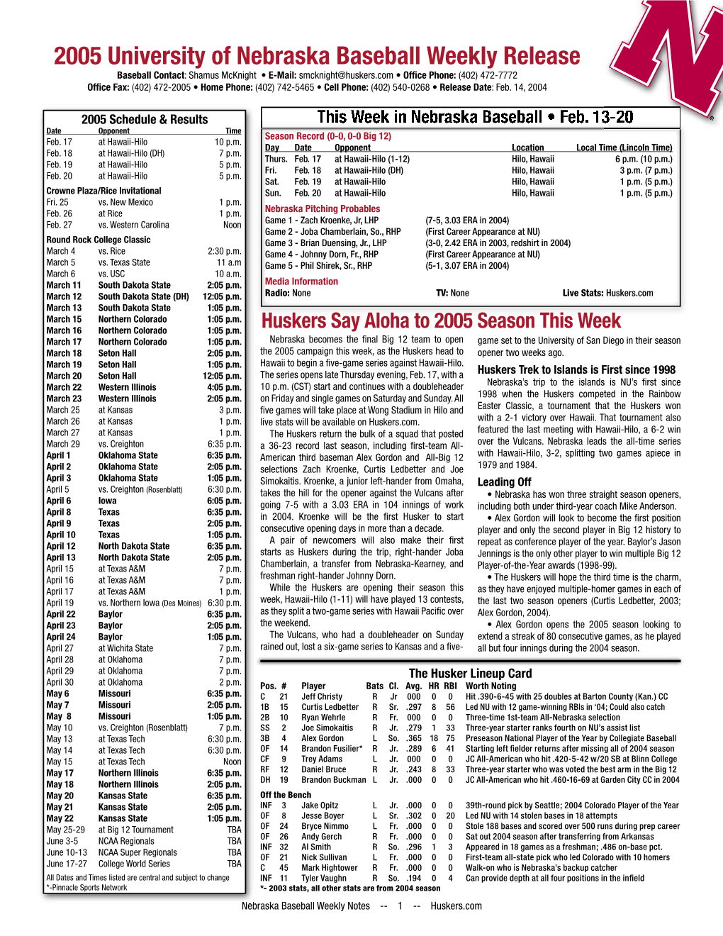 2005 University of Nebraska Baseball Weekly Release