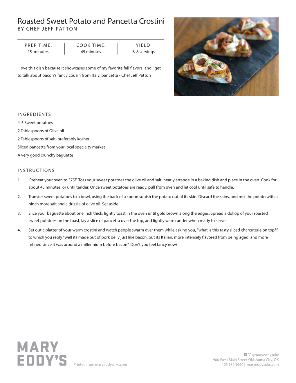 Roasted Sweet Potato and Pancetta Crostini by CHEF JEFF PATTON