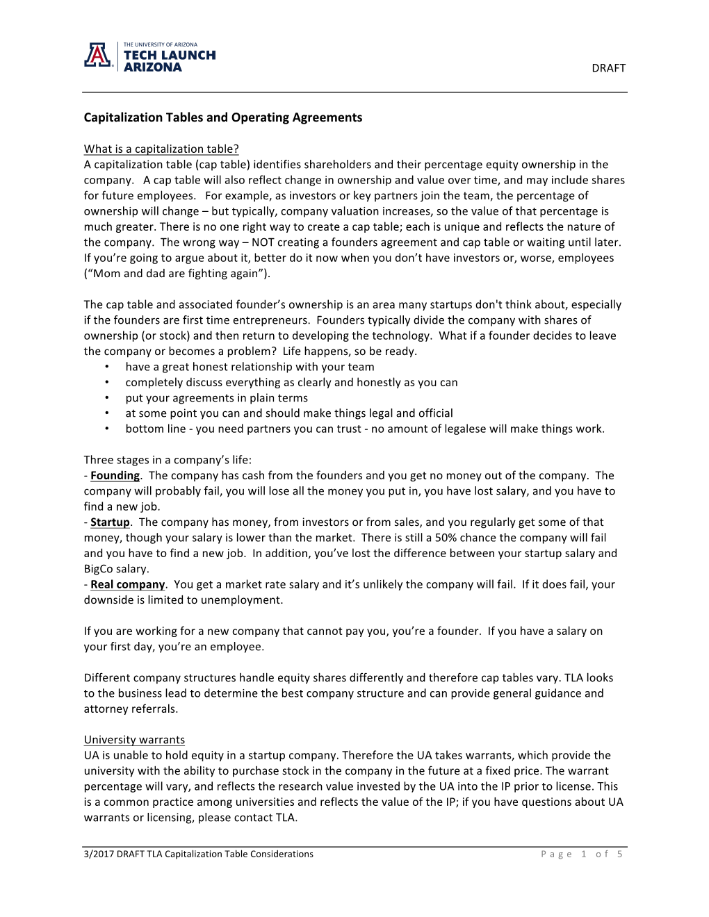 Capitalization Tables and Operating Agreements