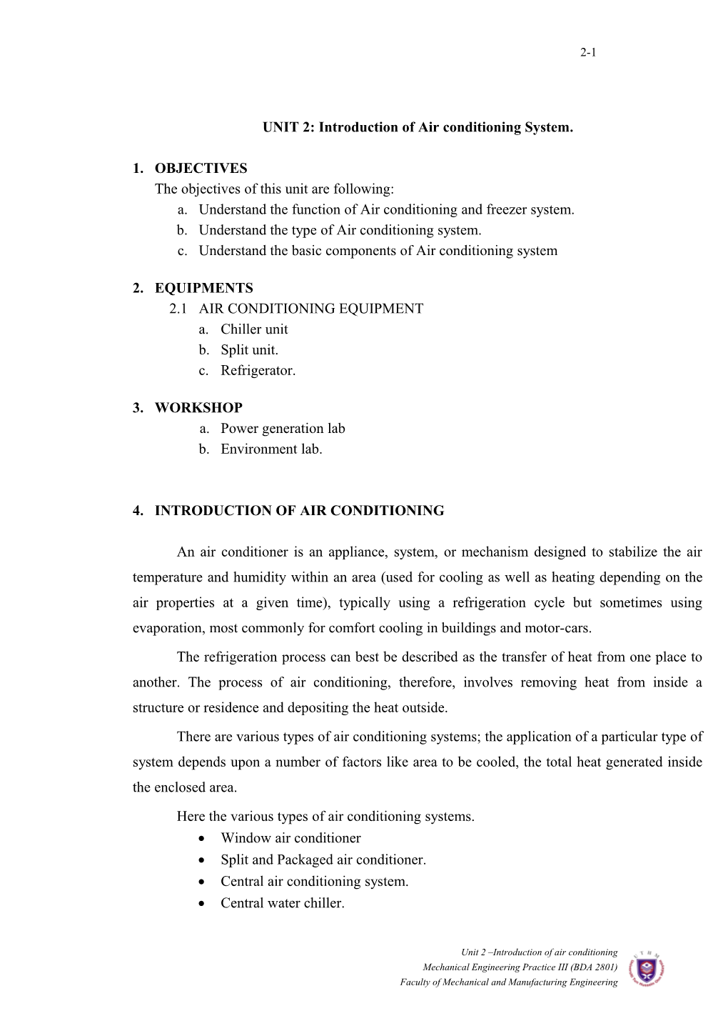 UNIT 1: Safety in Workshop & Introduction of Air Conditioning System