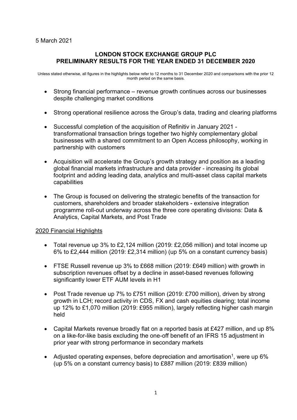 LSEG 2020 Preliminary Results RNS 5 March 2021