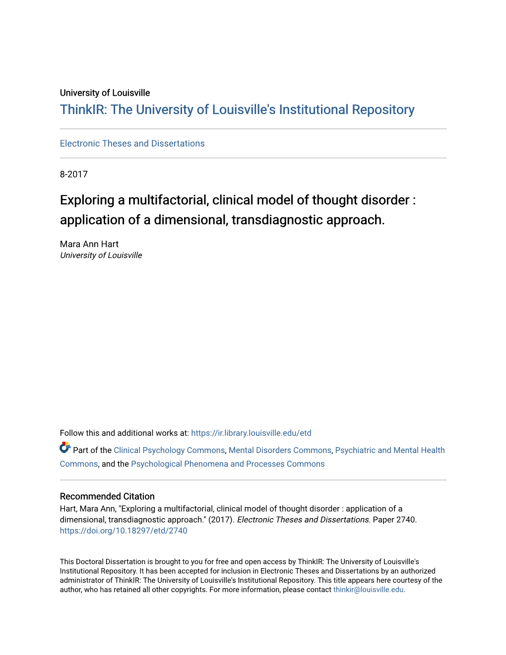 Exploring a Multifactorial, Clinical Model of Thought Disorder : Application of a Dimensional, Transdiagnostic Approach