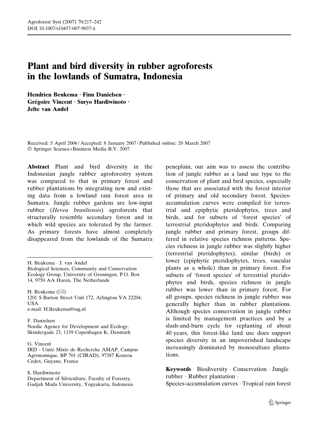 Plant and Bird Diversity in Rubber Agroforests in the Lowlands of Sumatra, Indonesia