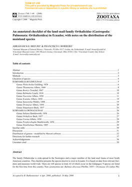 Zootaxa, an Annotated Checklist of the Land Snail Family Orthalicidae