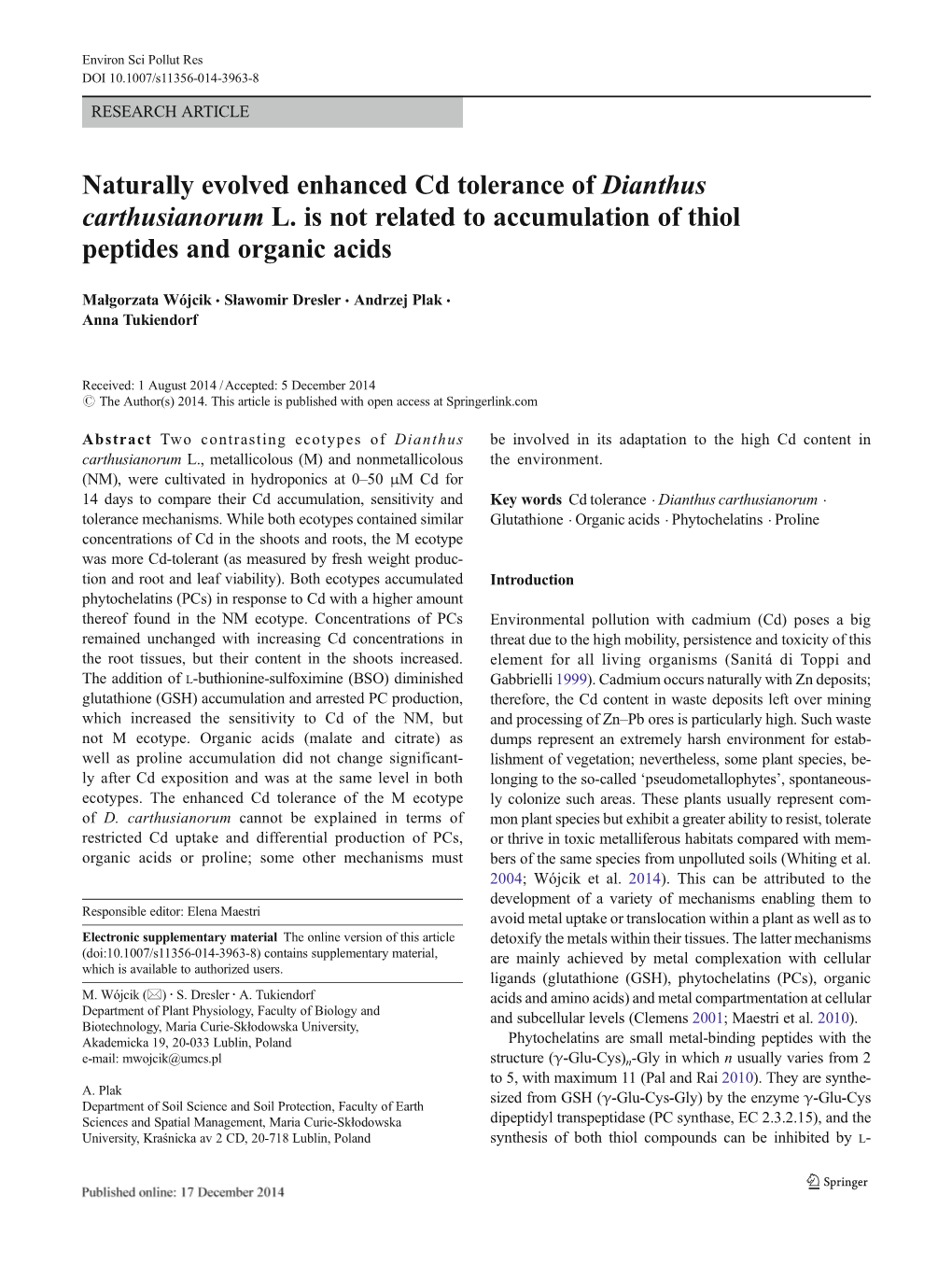 Naturally Evolved Enhanced Cd Tolerance of Dianthus Carthusianorum L