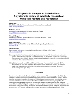 A Systematic Review of Scholarly Research on Wikipedia Readers and Readership