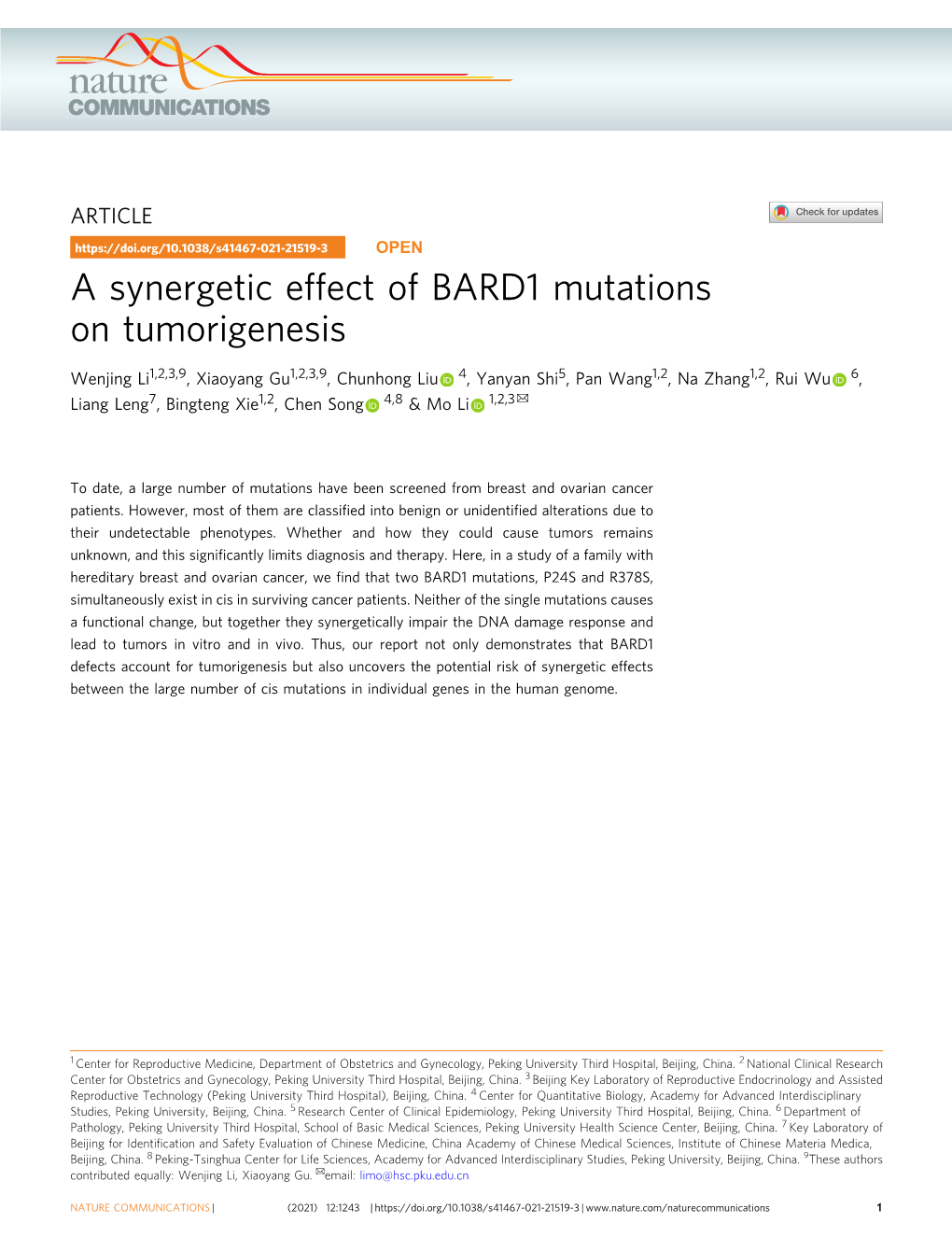 A Synergetic Effect of BARD1 Mutations on Tumorigenesis