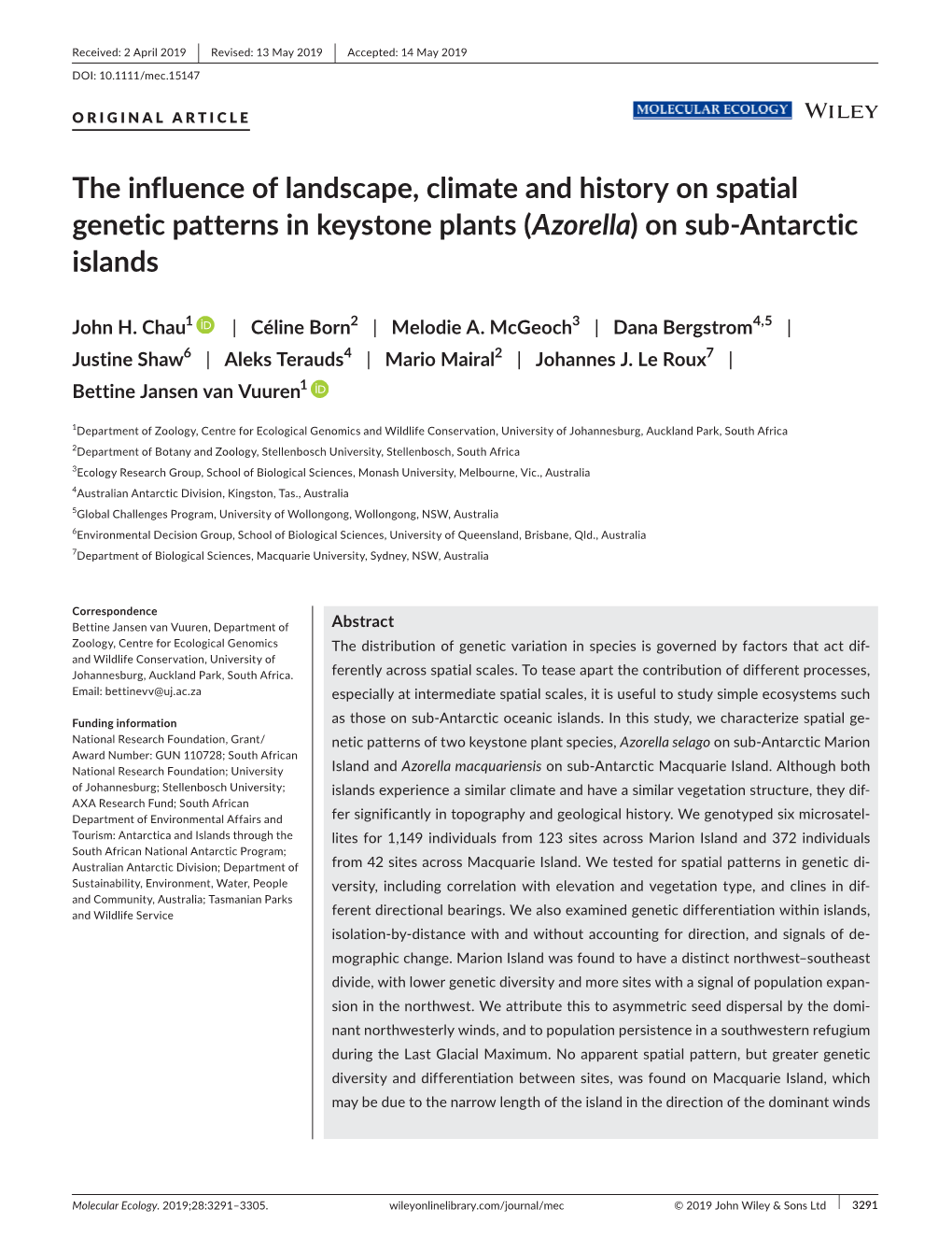 The Influence of Landscape, Climate and History on Spatial Genetic Patterns in Keystone Plants (Azorella) on Sub‐Antarctic Islands