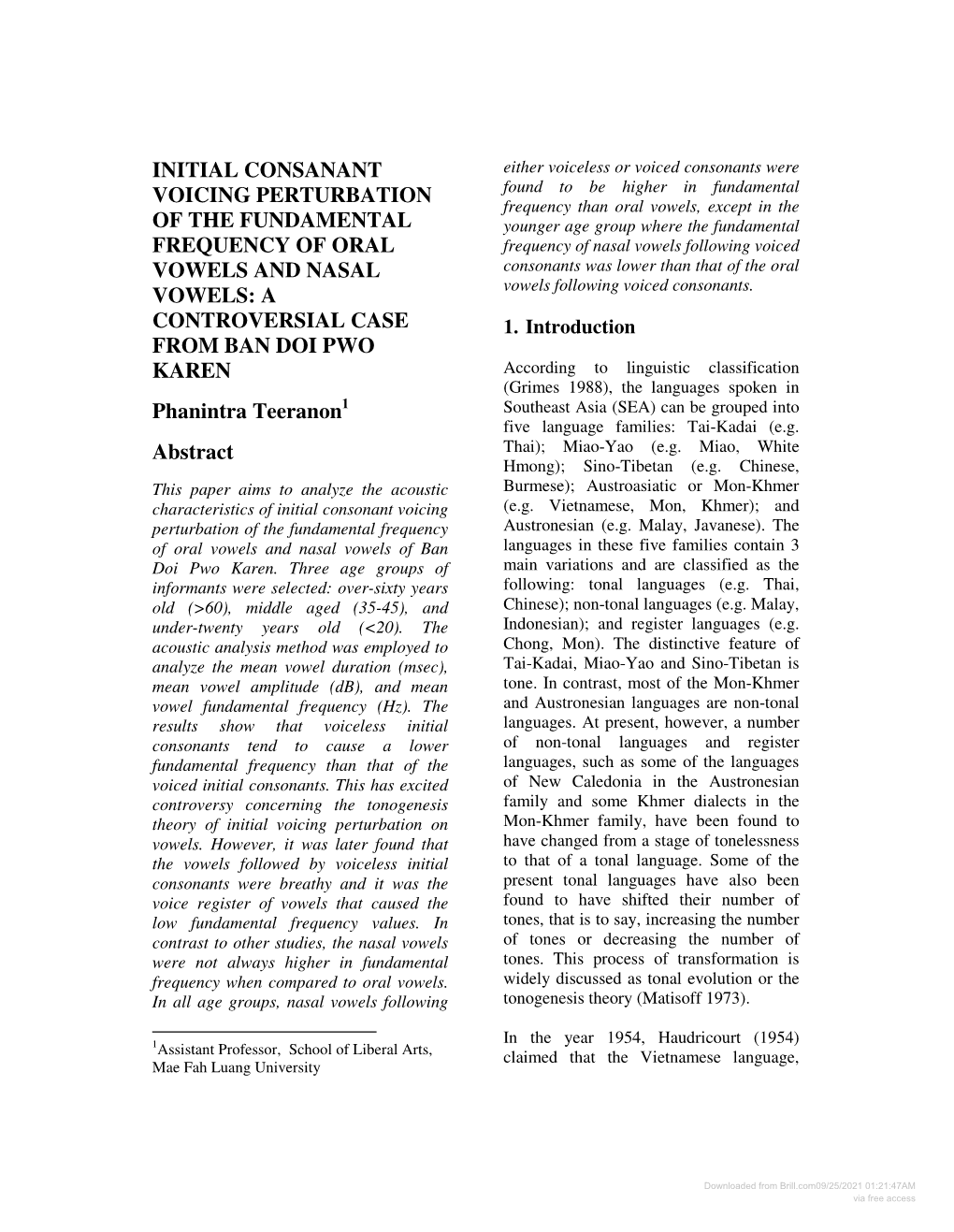 Initial Consanant Voicing Perturbation of the Fundamental Frequency of Oral Vowels and Nasal Vowels