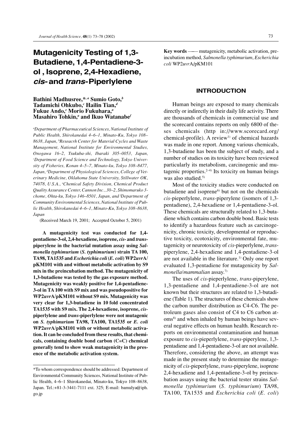 Mutagenicity Testing of 1,3- Butadiene, 1,4-Pentadiene-3- Ol