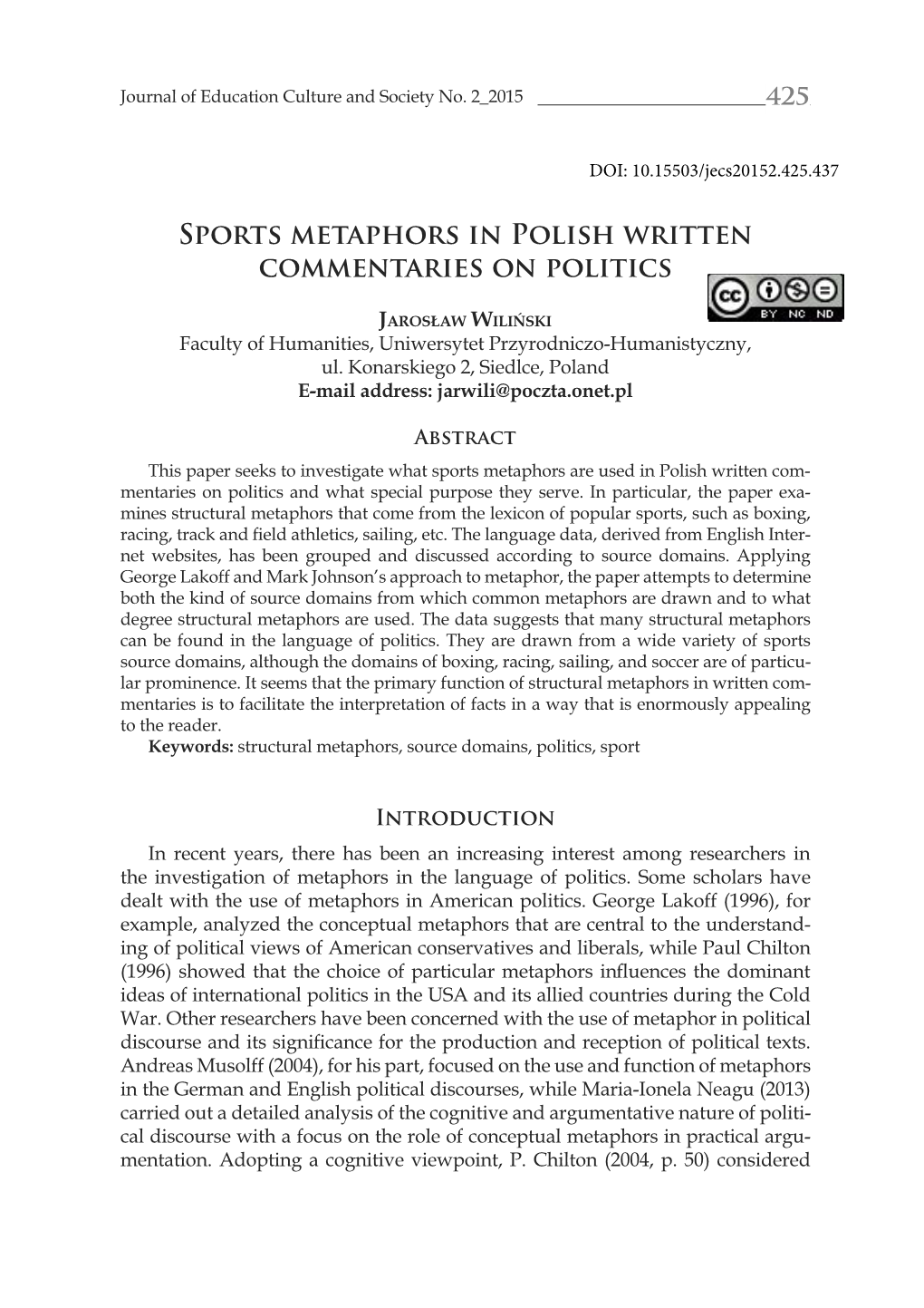 Sports Metaphors in Polish Written Commentaries on Politics