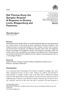 Did Thomas Know the Synoptic Gospels? a Response to Denzey