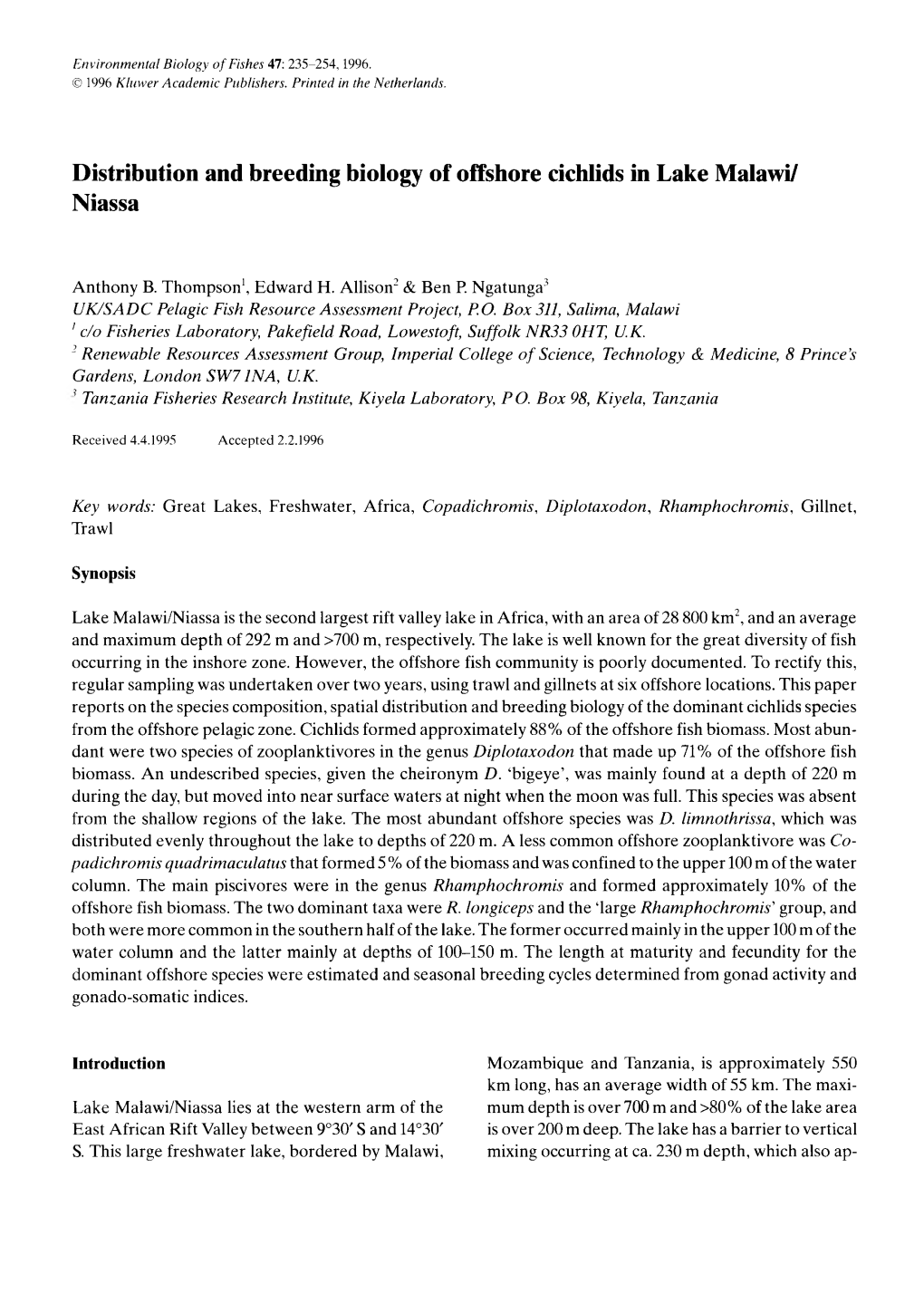 Distribution and Breeding Biology of Offshore Cichlids in Lake Malawi/ Niassa