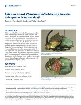 Rainbow Scarab Phaneaus Vindex Macleay (Insecta: Coleoptera: Scarabaeidae)1 Thomson Paris, Barukh Rohde, and Philip E