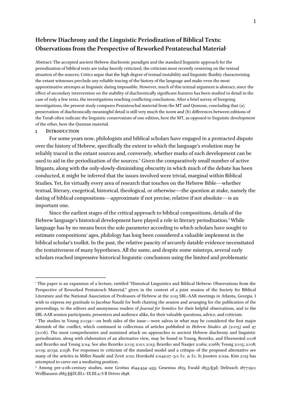 Hebrew Diachrony and the Linguistic Periodization of Biblical Texts: Observations from the Perspective of Reworked Pentateuchal Material1