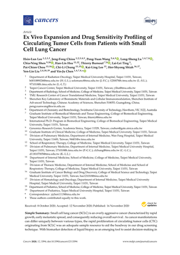 Ex Vivo Expansion and Drug Sensitivity Profiling of Circulating Tumor Cells from Patients with Small Cell Lung Cancer