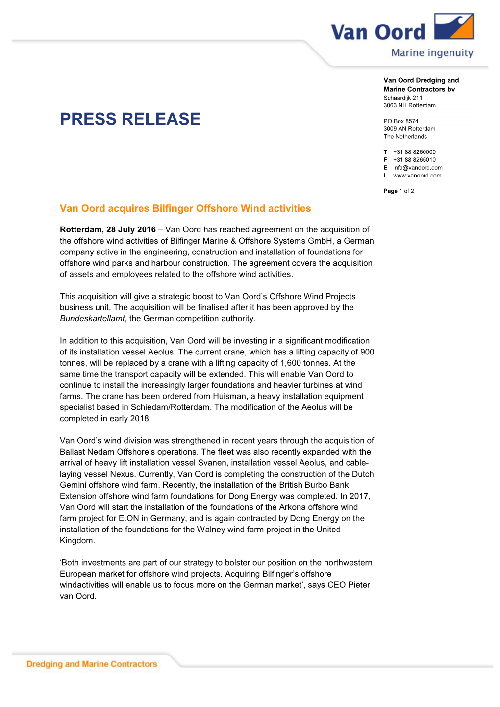 Van Oord Acquires Bilfinger Offshore Wind Activities