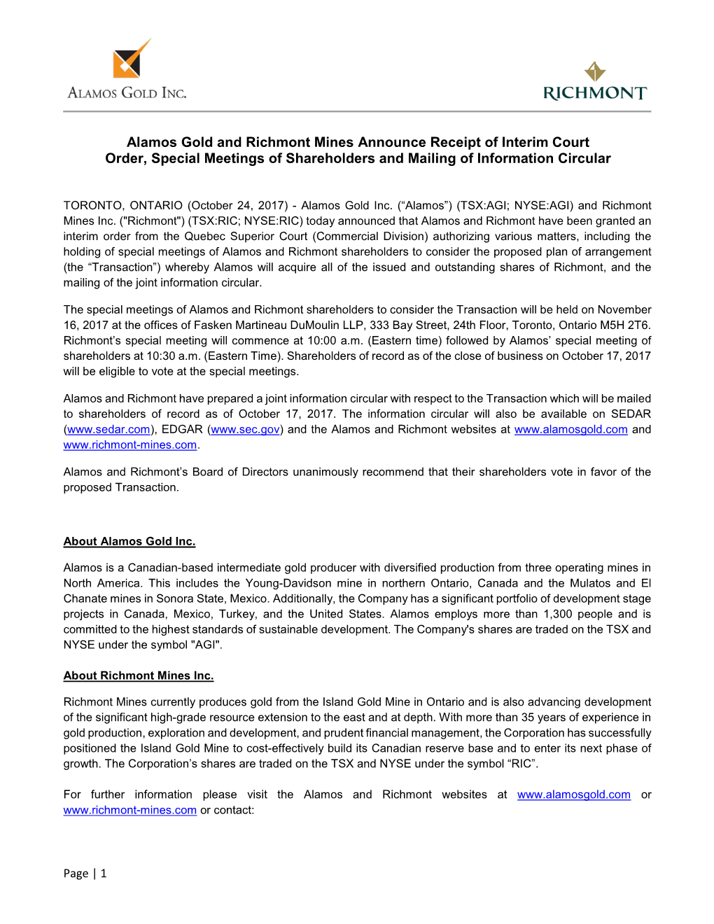 Alamos Gold and Richmont Mines Announce Receipt of Interim Court Order, Special Meetings of Shareholders and Mailing of Information Circular