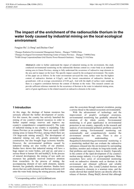 The Impact of the Enrichment of the Radionuclide Thorium in the Water Body Caused by Industrial Mining on the Local Ecological Environment