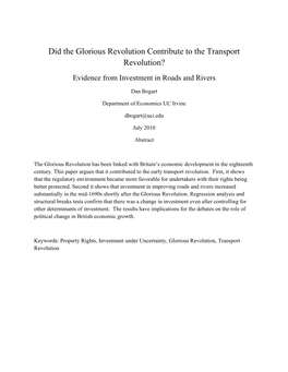 Did the Glorious Revolution Contribute to the Transport Revolution? Evidence from Investment in Roads and Rivers