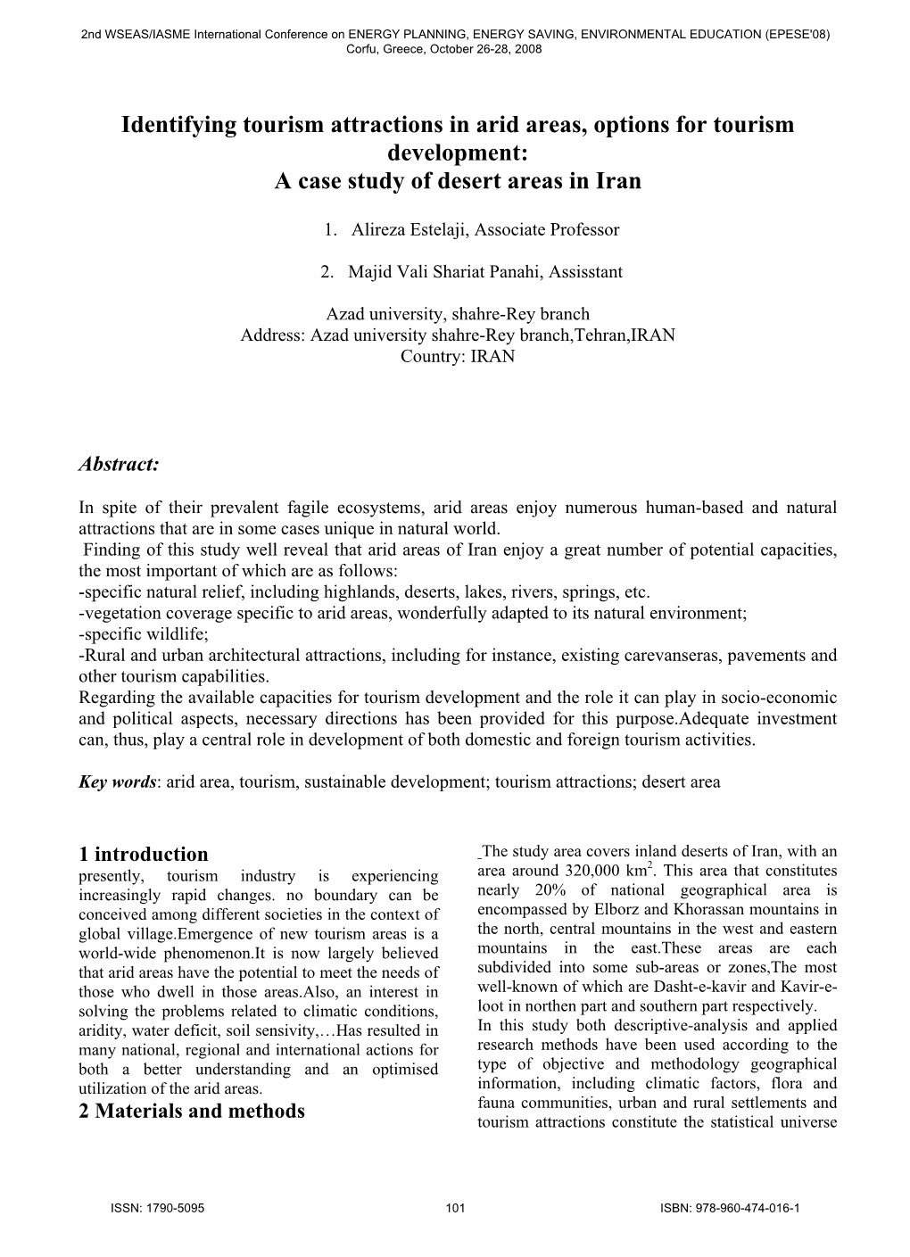 Identifying Tourism Attractions in Arid Areas, Options for Tourism Development: a Case Study of Desert Areas in Iran