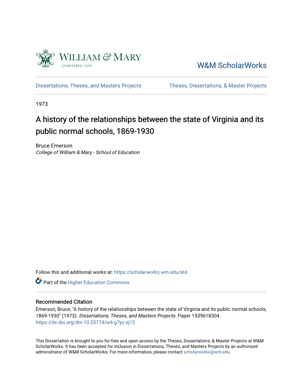 A History of the Relationships Between the State of Virginia and Its Public Normal Schools, 1869-1930