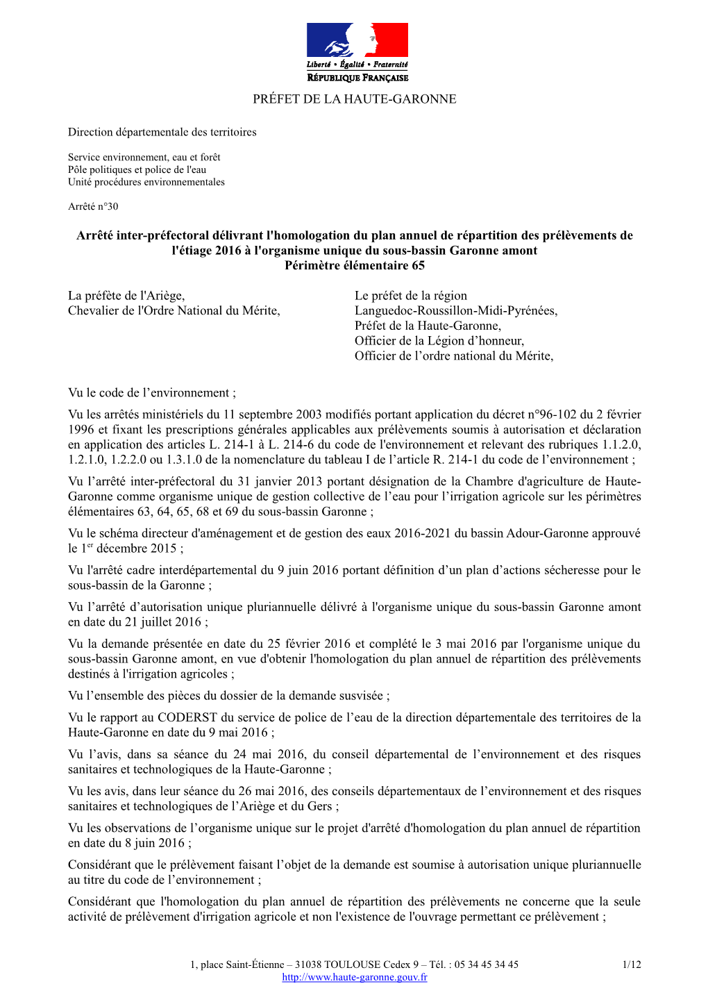 PRÉFET DE LA HAUTE-GARONNE Arrêté Inter-Préfectoral Délivrant L