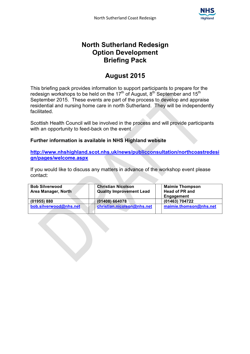 North Sutherland Redesign Option Development Briefing Pack