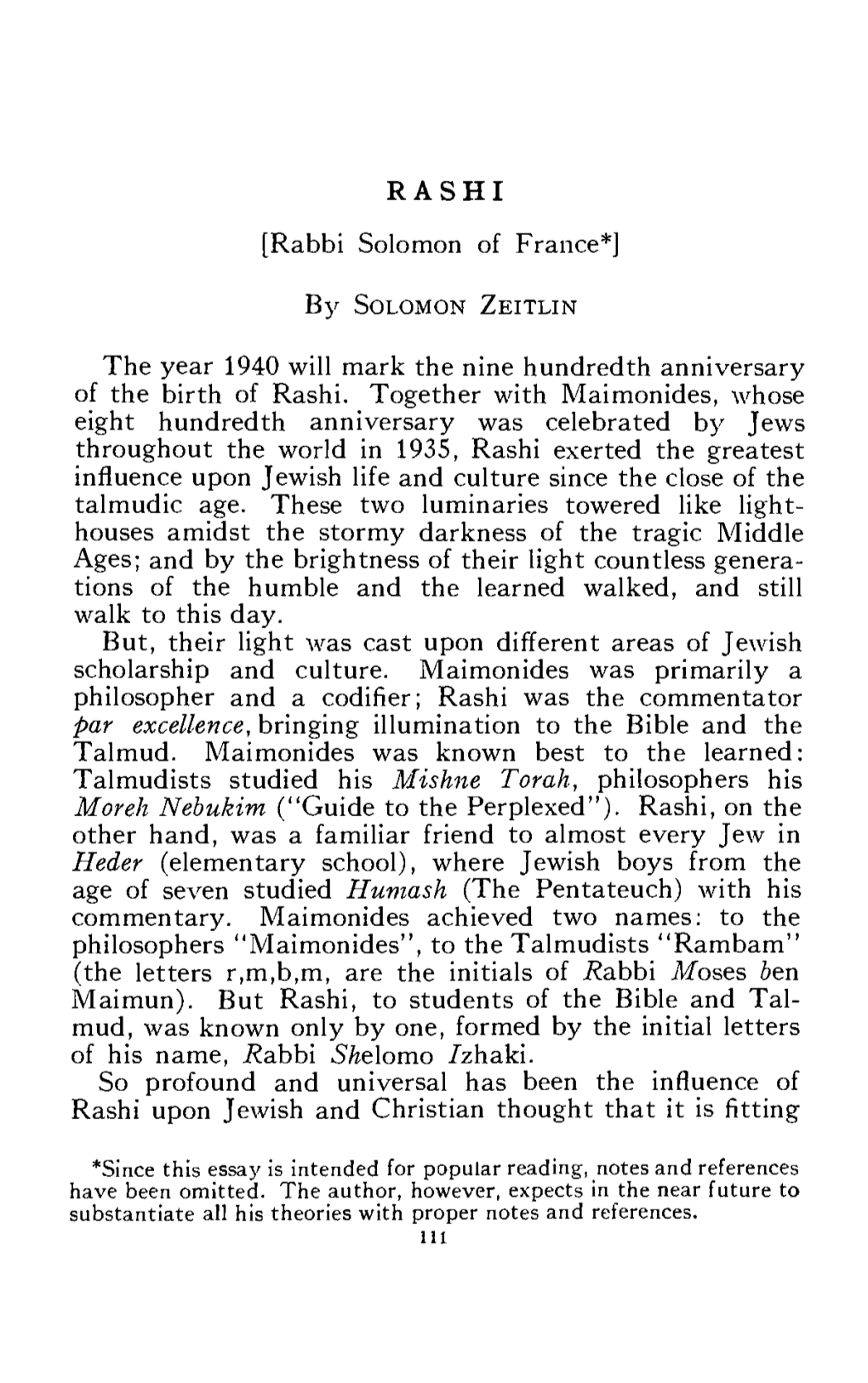 RASHI [Rabbi Solomon of France*] the Year 1940 Will Mark the Nine