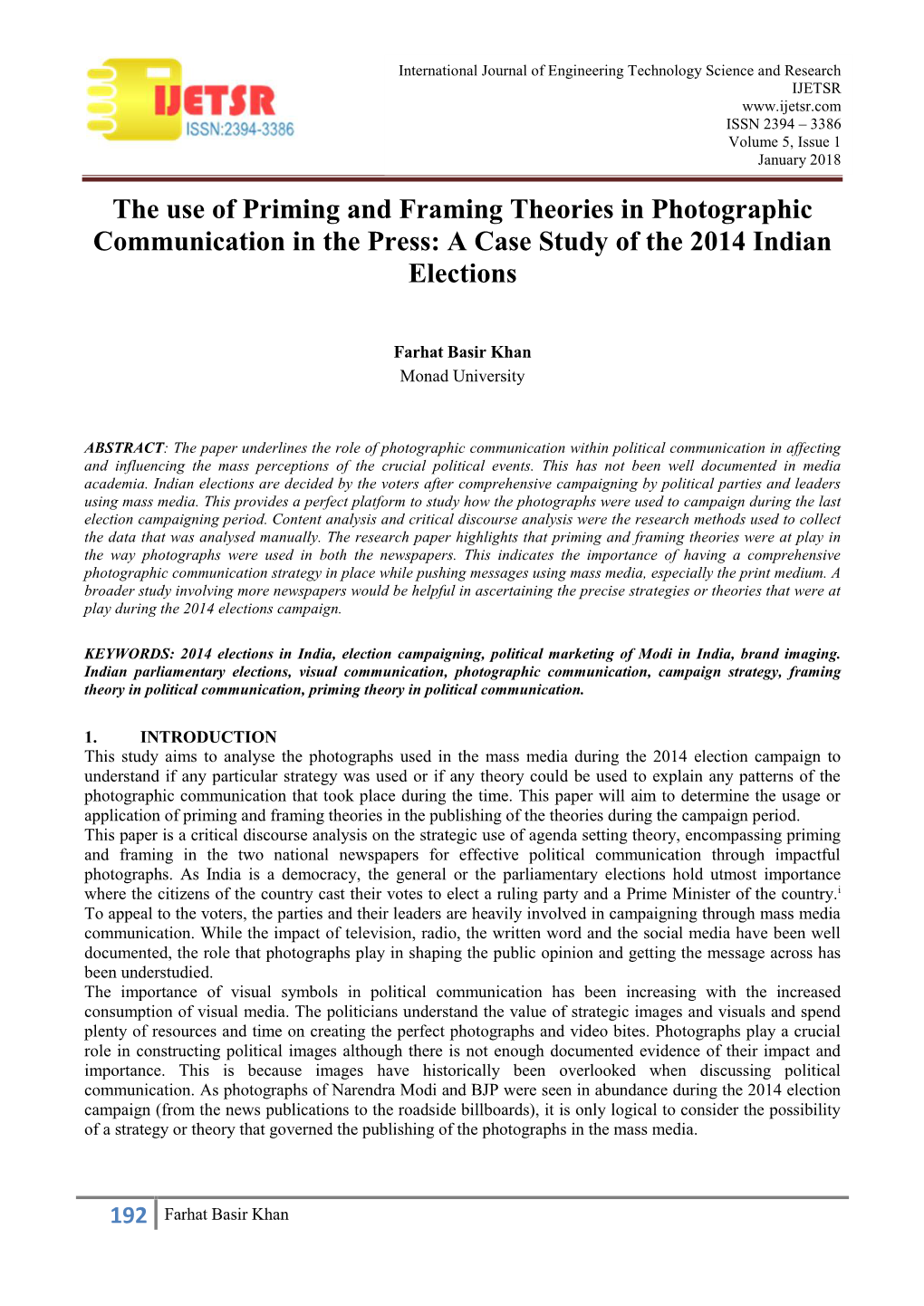 The Use of Priming and Framing Theories in Photographic Communication in the Press: a Case Study of the 2014 Indian Elections