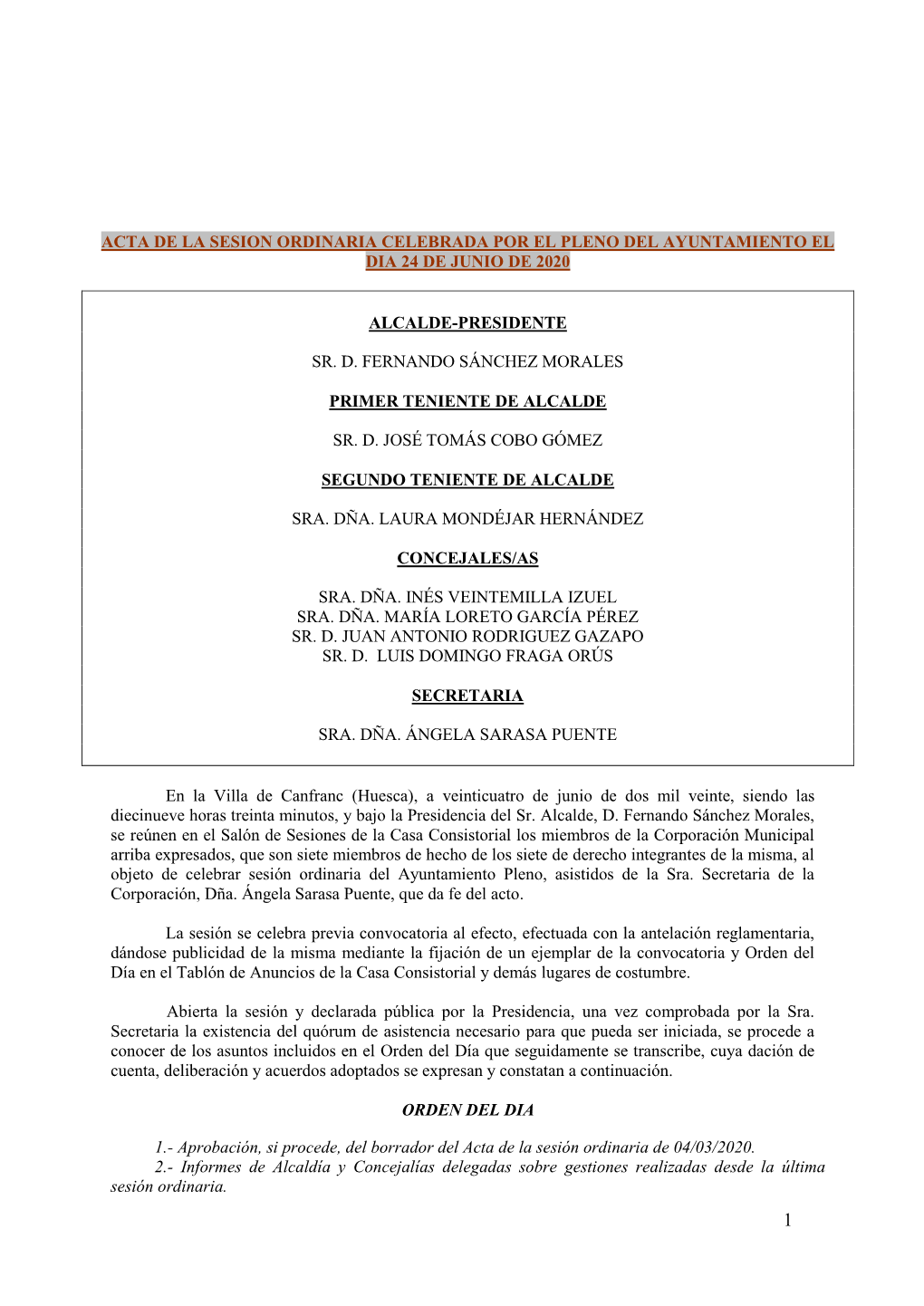 Acta De La Sesion Ordinaria Celebrada Por El Pleno Del Ayuntamiento El Dia 24 De Junio De 2020