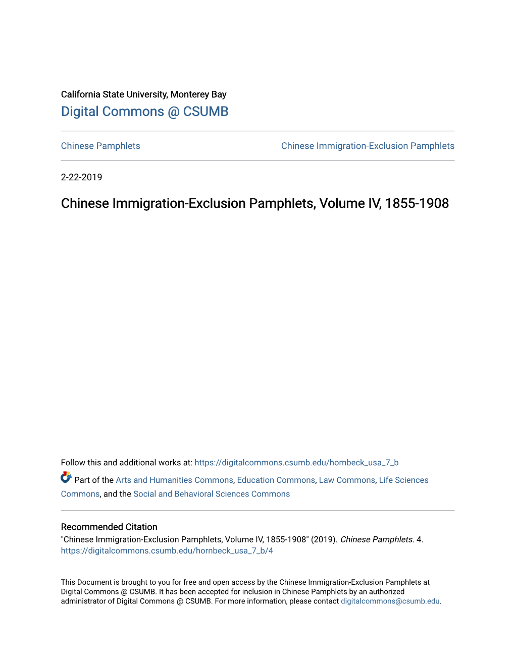 Chinese Immigration-Exclusion Pamphlets, Volume IV, 1855-1908