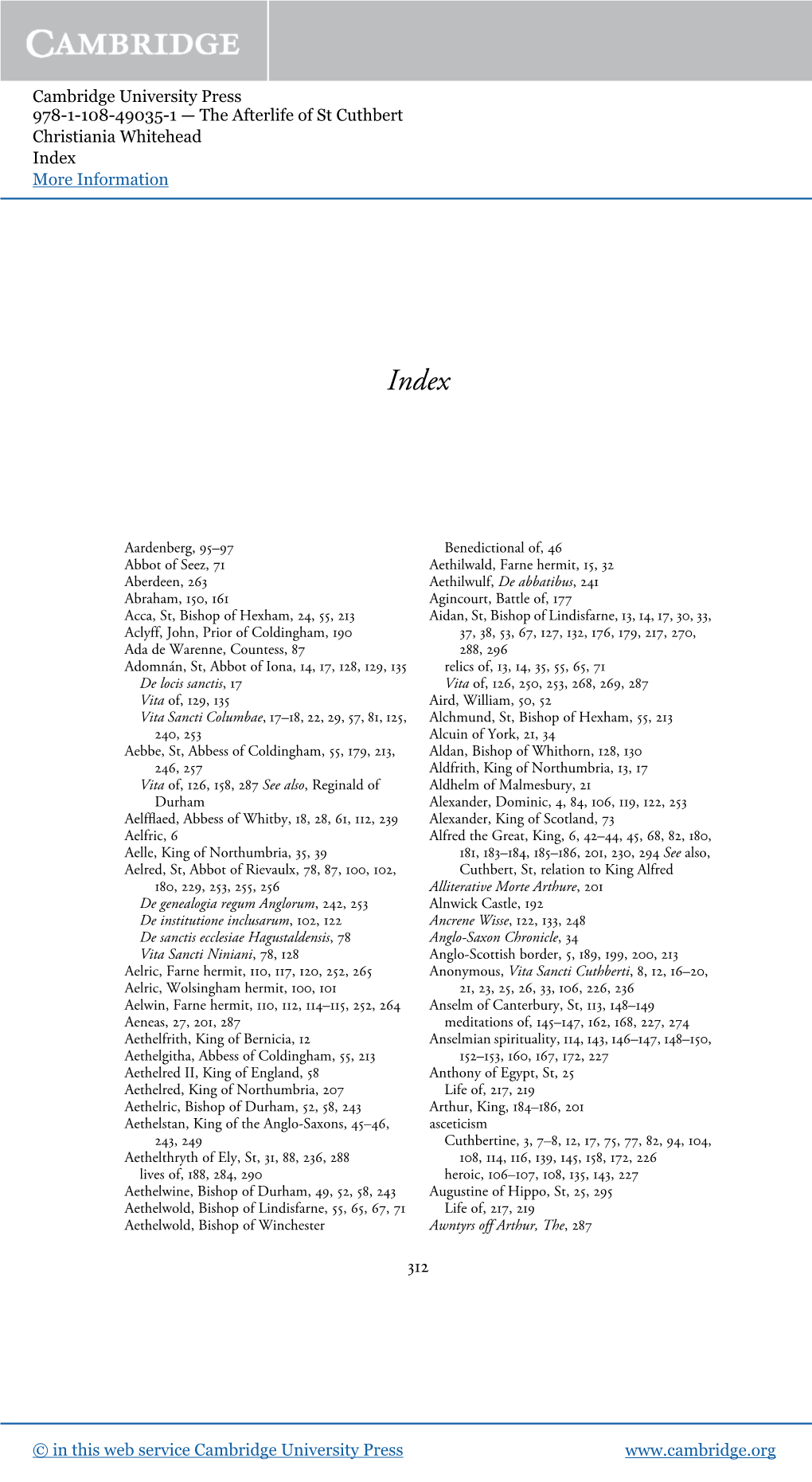 Cambridge University Press 978-1-108-49035-1 — the Afterlife of St Cuthbert Christiania Whitehead Index More Information