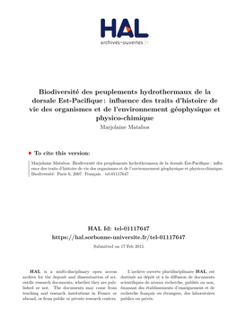 Biodiversité Des Peuplements Hydrothermaux De La Dorsale Est