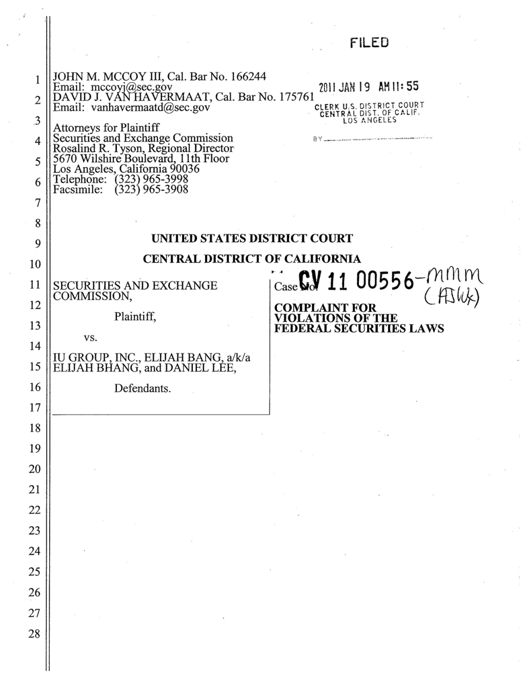 SEC Complaint: IU Group, Inc., Elijah Bang (A/K/A Elijah Bhang), and Daniel