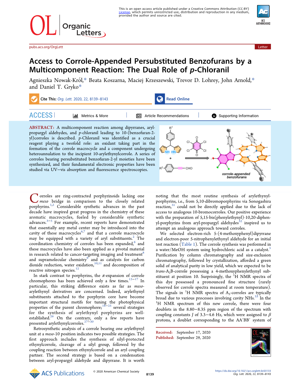 Access to Corrole-Appended Persubstituted Benzofurans by a Multicomponent Reaction