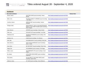 Titles Ordered August 28 - September 4, 2020