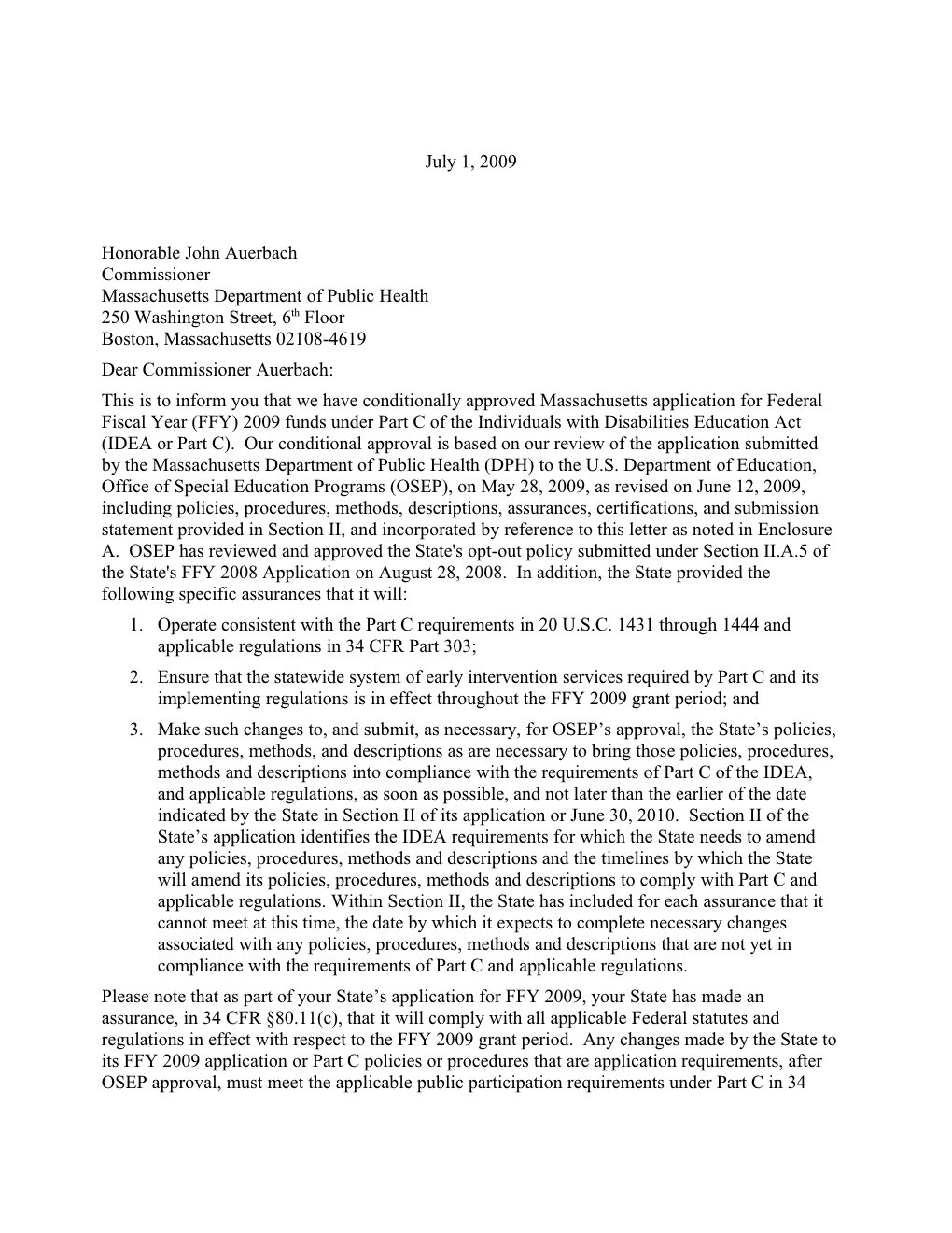 Massachusetts IDEA 2009 Part C Grant Award Letter (Msword)