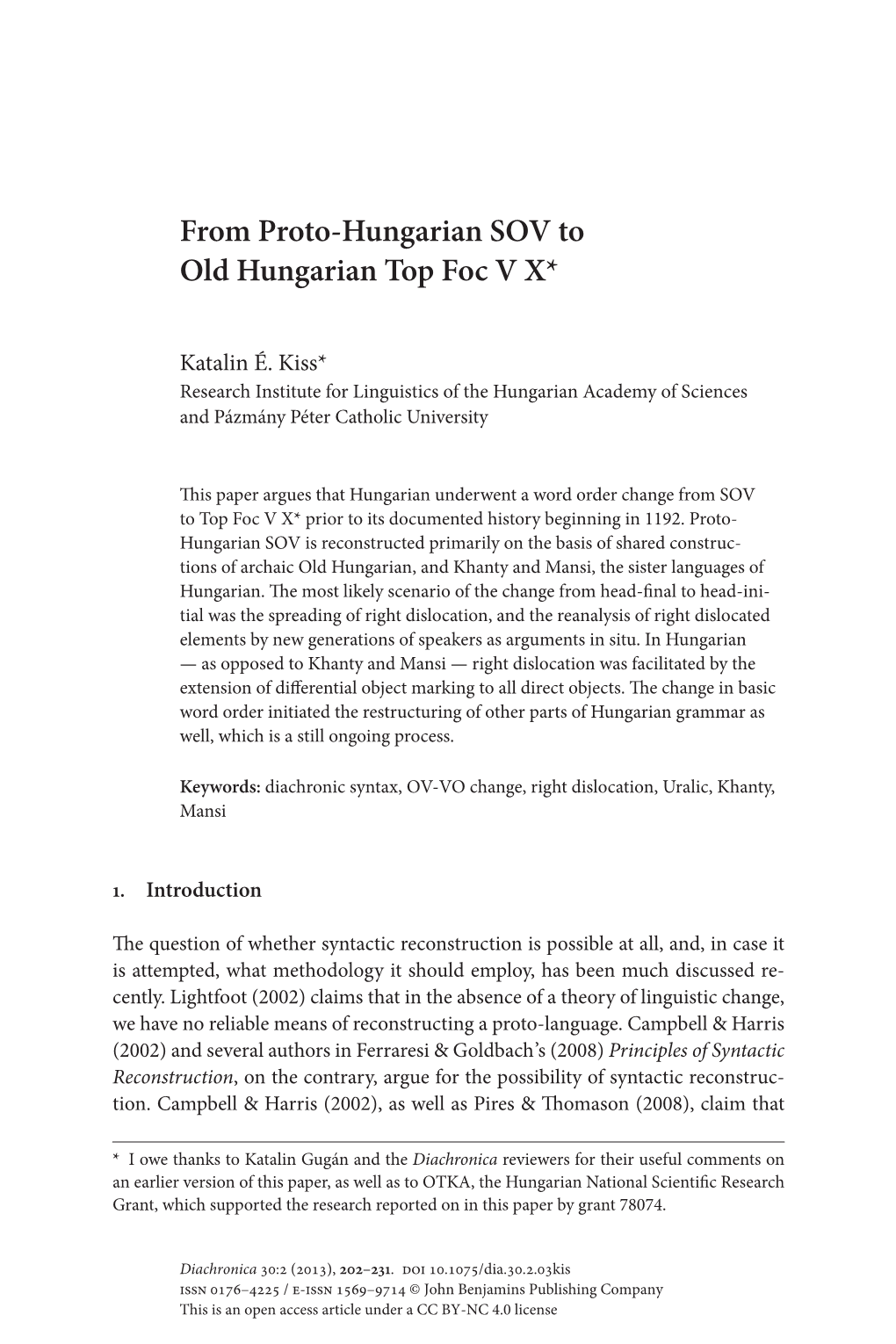 From Proto-Hungarian SOV to Old Hungarian Top Foc VX