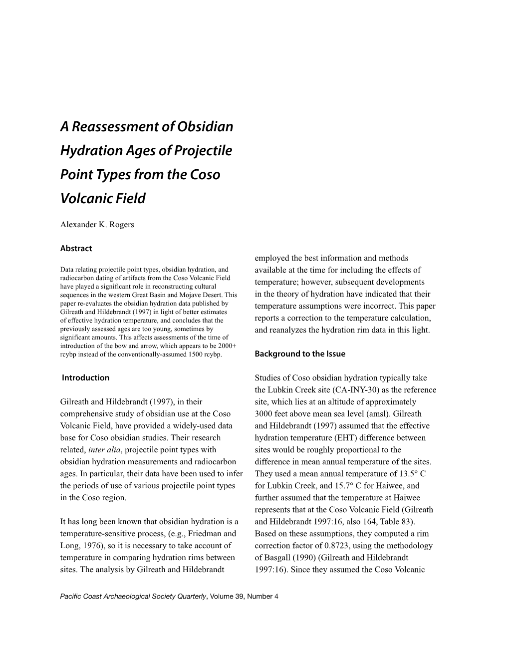 A Reassessment of Obsidian Hydration Ages of Projectile Point Types from the Coso Volcanic Field