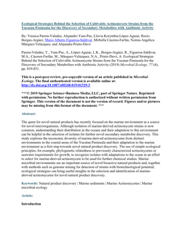 Ecological Strategies Behind the Selection of Cultivable Actinomycete Strains from the Yucatan Peninsula for the Discovery of Se