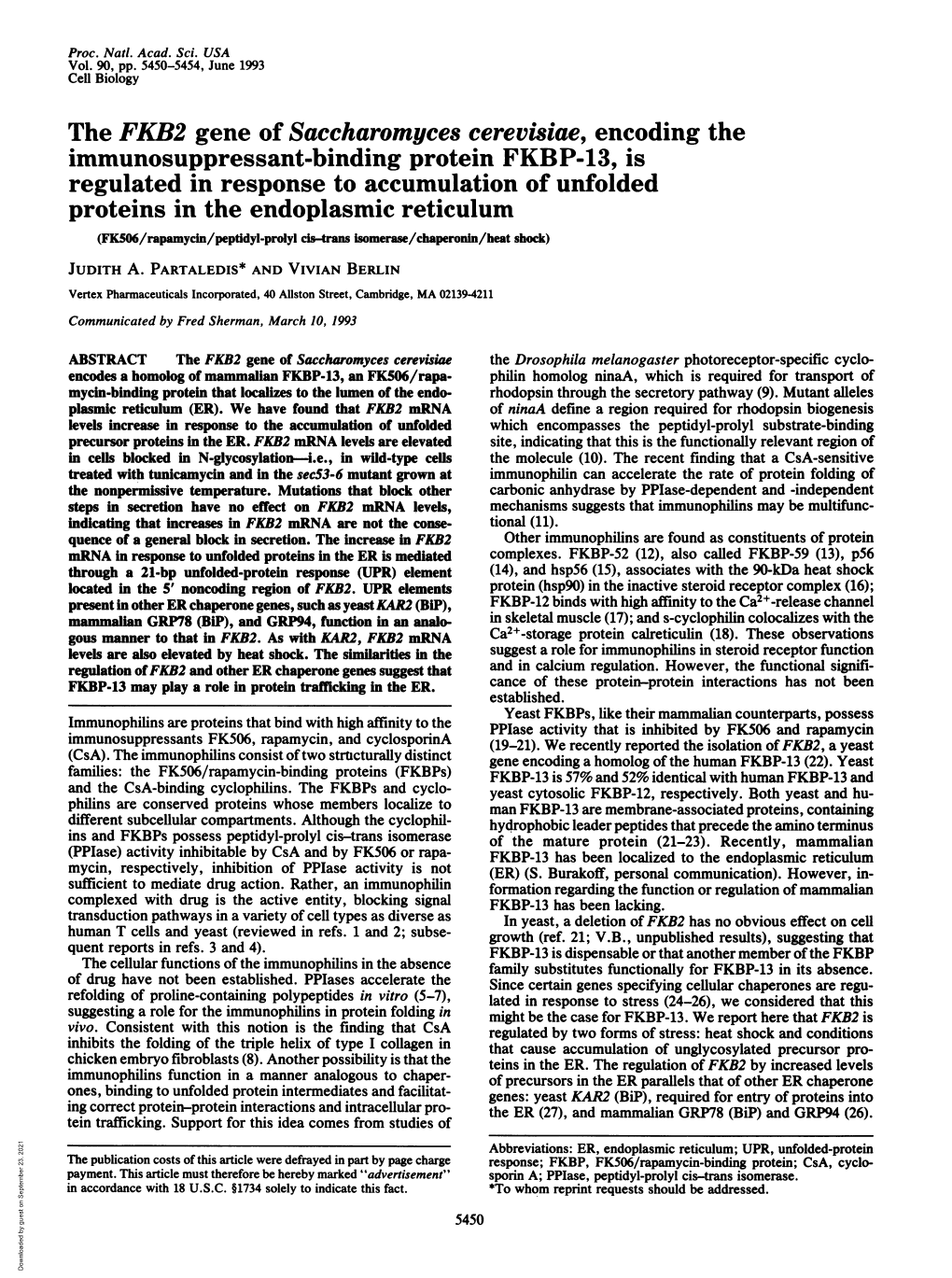 The FKB2 Gene of Saccharomyces Cerevisiae, Encoding The