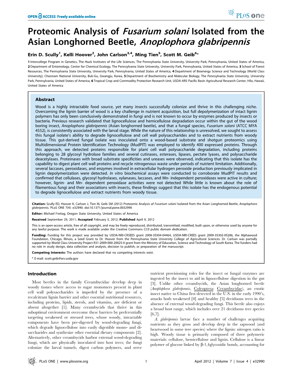 Proteomic Analysis of Fusarium Solani Isolated from the Asian Longhorned Beetle, Anoplophora Glabripennis